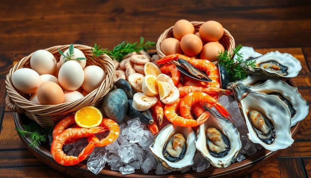 Cholesterol-rich foods including eggs and shellfish